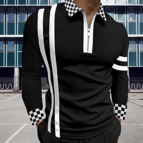 Fashion Patchwork Striped Long Sleeve Tops Male Casual Zip-up Turn-down Collar Polo Shirts Vintage Casual Men's Slim Polo Shirt