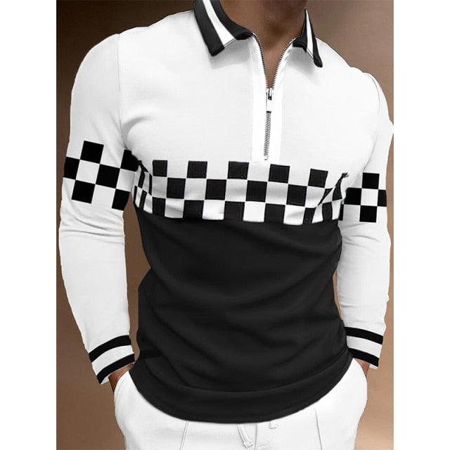 Fashion Patchwork Striped Long Sleeve Tops Male Casual Zip-up Turn-down Collar Polo Shirts Vintage Casual Men's Slim Polo Shirt