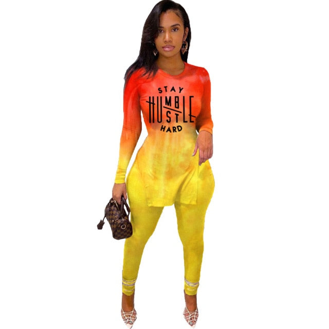 Fall Two Piece Tie Dye Gradient Letter Print Set for Women