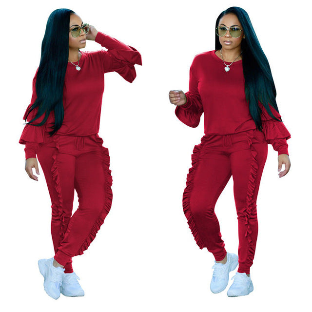 ZKYZWX Ruffle lantern sleeve 2 piece set women pant and top 2018 autumn plus size casual outfit sweat suits two piece tracksuit