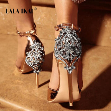 LALA IKAI Women Crystal Glitter Sandals Pump 2018 High Heels 11CM Sandals Lady Chic Cover Heel Party Sexy Shoes 014C1195 -4
