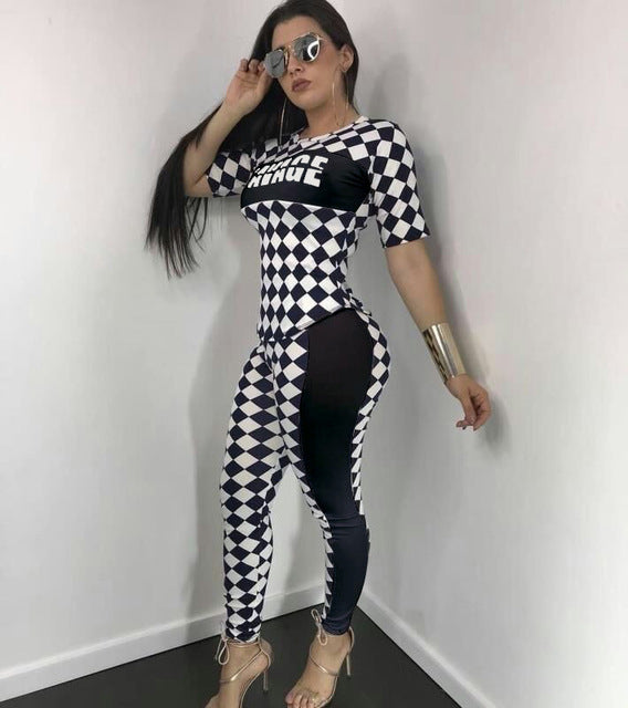 SEXEMARA Checkerboard Print Women 2 Piece Set Top and Pants Pink Summer Outfits Bodycon Tracksuit Casual Matching Sets C29-AE91