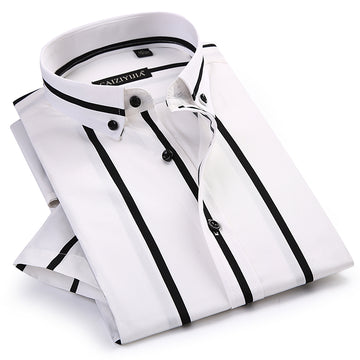 Men's Contrast Wide Stripe Short Sleeve Dress Shirts Comfortable Soft Slim Fit Summer Thin Smart Casual Button-down Office Shirt