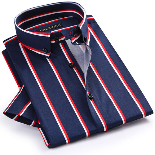 Men's Contrast Wide Stripe Short Sleeve Dress Shirts Comfortable Soft Slim Fit Summer Thin Smart Casual Button-down Office Shirt