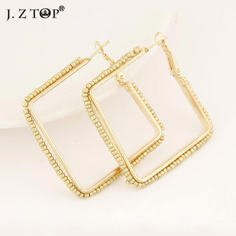 New Alloy Colored Beads Square Hoops Big Earings Classic Personality Geometric Loop Earrings Bohemia Ethnic brinco argola grande