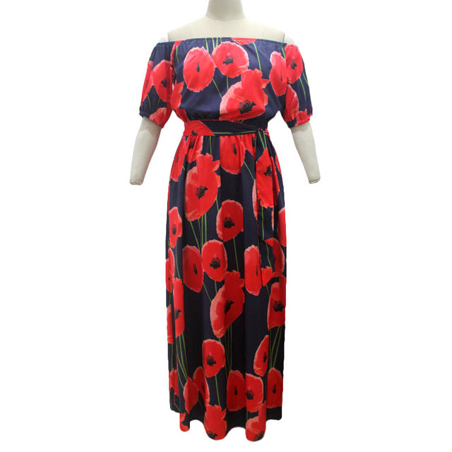 Vintage Floral Print SLASH NECK Women Maxi Dress